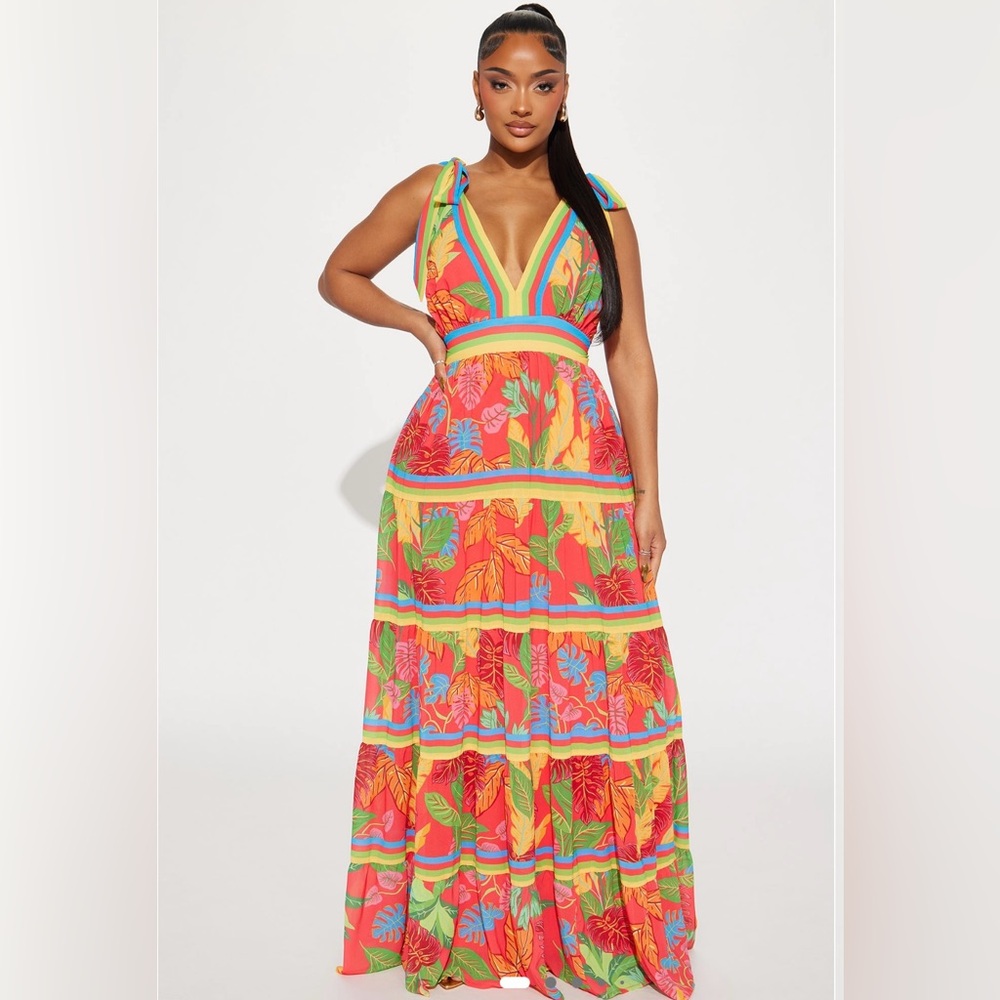 Fashion Nova Red and Orange Ruffled Tie Front Maxi Dress